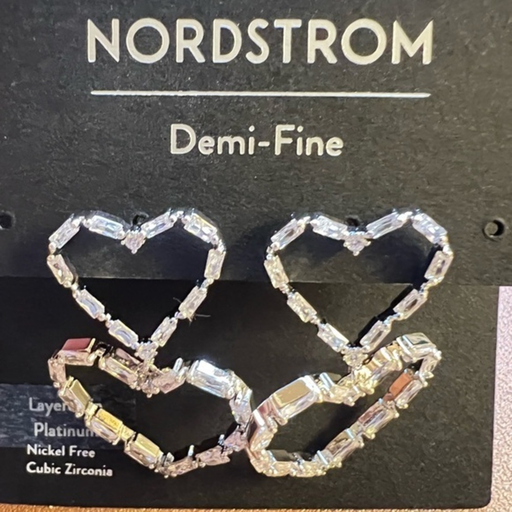 Nordstrom Double Cubic Zirconia Platinum Open Heart Drop Earrings::NWT::
